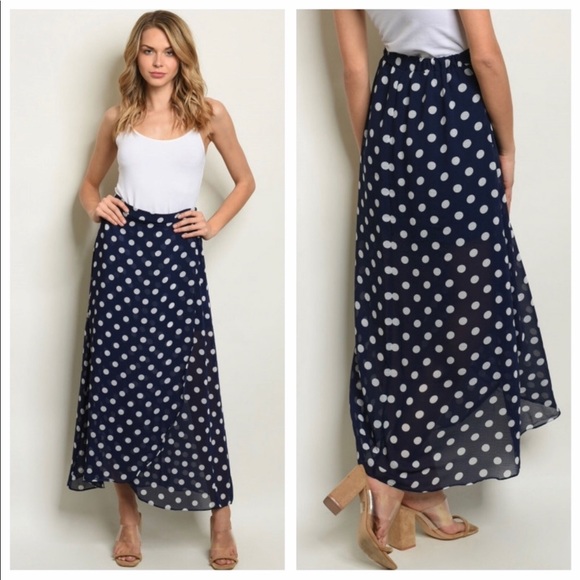 navy and white polka dot skirt